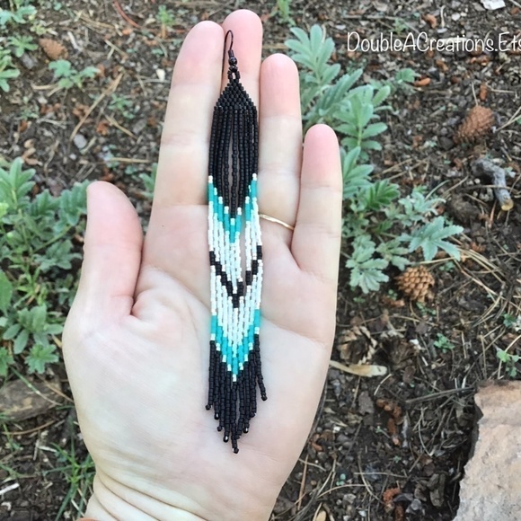 Black and Turquoise Fringed Long Earrings, New, Handmade by Me - Picture 8 of 10